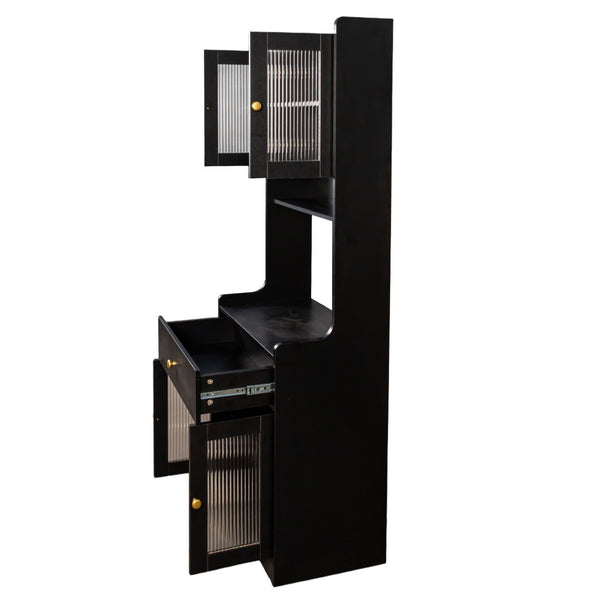 English Elm Black Farmhouse Pantry Hutch Freestanding Buffet with Microwave Stand and Open Shelving W331P455305