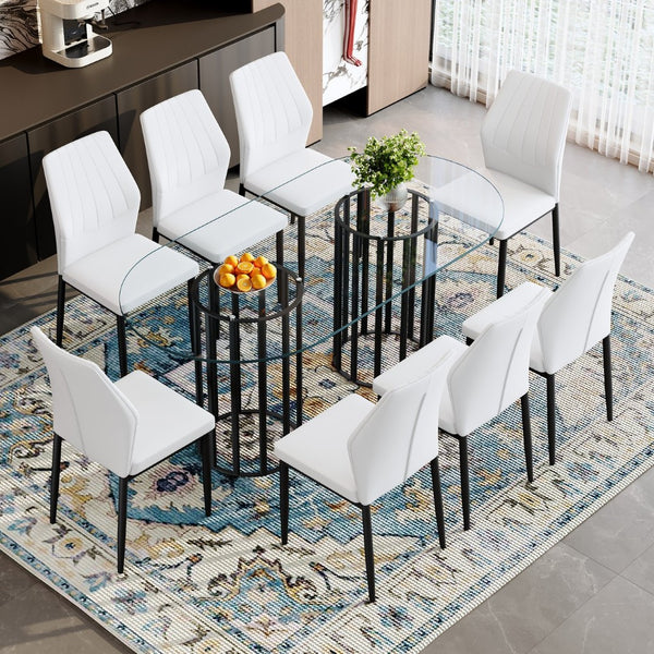 English Elm Table Set Oval Tempered Glass 71 Inch Top with Eight Faux Suede Chairs Modern Dining Black,Transparent,White W1151S04758