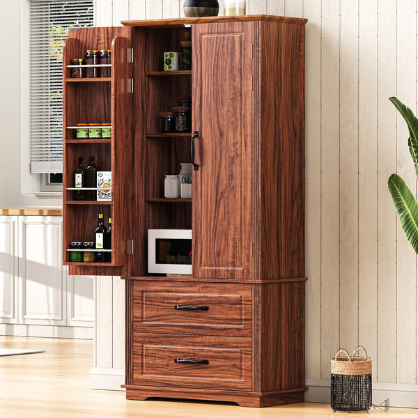 English Elm K&K 71" Farmhouse Pantry Cabinet with Embossed Texture, 2 Drawers, 8 Door Racks, Adjustable Shelves, Anti-Tip Stability Brown N707P254905Z