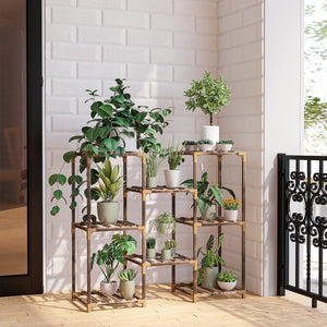 English Elm Plant Stand Eucalyptus Ladder Shelf Holds 8 Pots Tool Free Indoor Outdoor Display W2181P192837