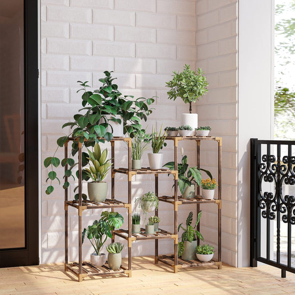 English Elm Plant Stand Eucalyptus Ladder Shelf Holds 8 Pots Tool Free Indoor Outdoor Display W2181P192837