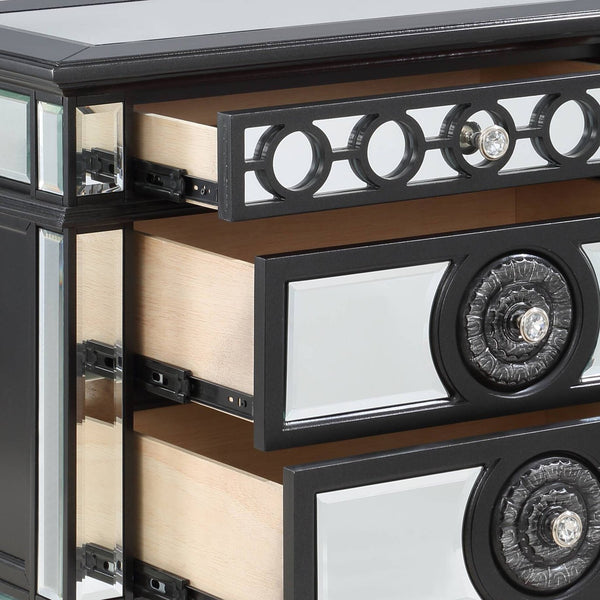 English Elm Varian Mirrored Nightstand with Crystal Knobs, Sunburst Trim & Felt-Lined Drawer — Black/Silver Finish B2726P303758
