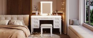 English Elm 48" Makeup Vanity Desk with Led Mirror Bamboo Weave Drawers Cushioned Stool Bedroom Light Beige N704P337484K