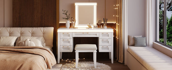 English Elm 48" Makeup Vanity Desk with Led Mirror Bamboo Weave Drawers Cushioned Stool Bedroom Light Beige N704P337484K