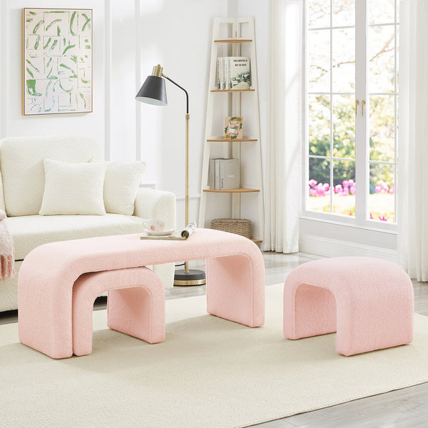 English Elm Set U-Shaped Modern Teddy Ottoman Bench Set of 3 — Versatile Entryway, Bedroom & Living Room Seating Pink W2186P282494