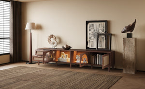 English Elm Rattan Door Media Console with Pine Legs Modern Farmhouse Tv Stand for Large Living Rooms N710P365042P