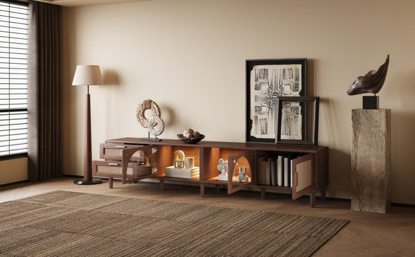 English Elm Rattan Door Media Console with Pine Legs Modern Farmhouse Tv Stand for Large Living Rooms N710P365042P