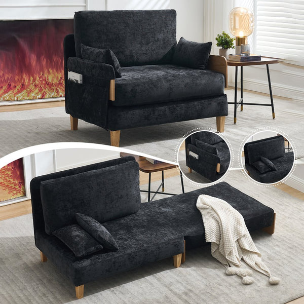 English Elm Foldable mid-century sleeper sofa bed recliner 3-in-1 convertible for small spaces with pillows and storage Black W395P290560