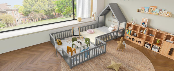 English Elm Full House Floor Bed with Door and Guardrails for Kids, Solid Wood Double Full, Safe Play Nook Grey W1580P354640