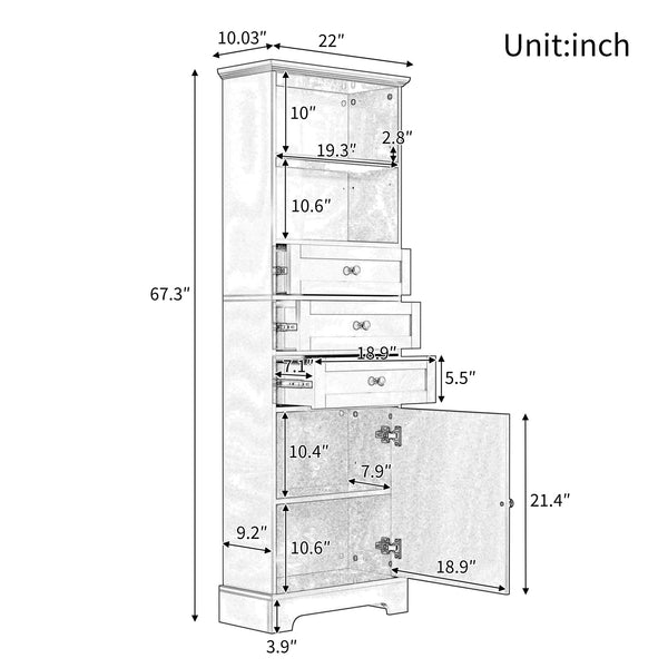 English Elm Gray Tall Storage Cabinet with 3 Drawers, Adjustable Shelves, Anti-Dump Device for Bathroom Office Home Organizing 42x23.75x6.5 WF323347AAE