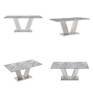 English Elm Marble Faux Top Rectangle Dining Table Seats Six Chrome Steel Base Modern Glam W3456S00058