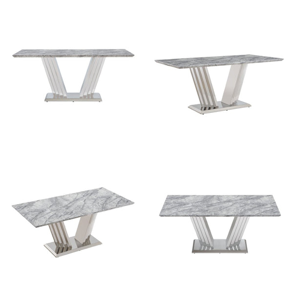 English Elm Marble Faux Top Rectangle Dining Table Seats Six Chrome Steel Base Modern Glam W3456S00058