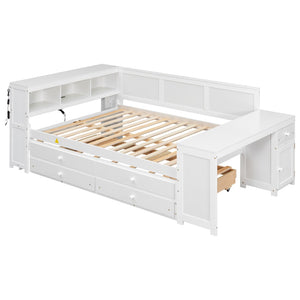 English Elm Full Size Pine Wood Platform Daybed with Led Headboard Desk Storage and Charging White N7090000475K-1