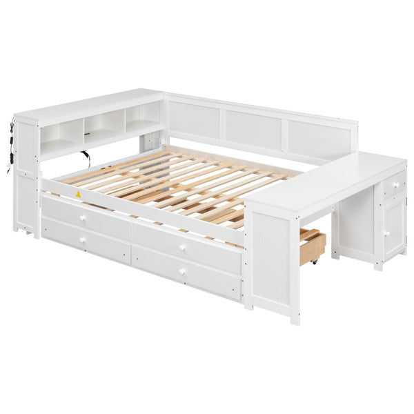 English Elm Full Size Pine Wood Platform Daybed with Led Headboard Desk Storage and Charging White N7090000475K-1