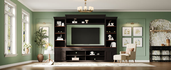 English Elm On-Trend Farmhouse 4-Piece Tv Entertainment Wall Unit For 70" Tvs, Walnut Finish & Wine Rack Storage N721S000046B-GIGA