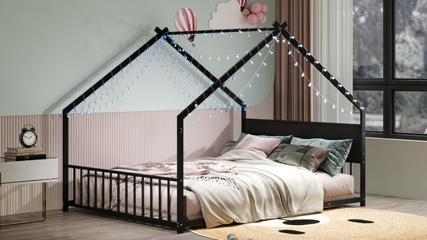 English Elm Full Size Metal House Bed with Led Lights and Slats for Kids Room Decor W1820P385330