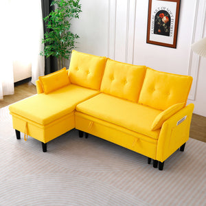 English Elm L-Shaped Reversible Chaise Sectional Sofa with Storage and Fold-Out Bed Cotton-Linen Modern Design Yellow W3371S00027