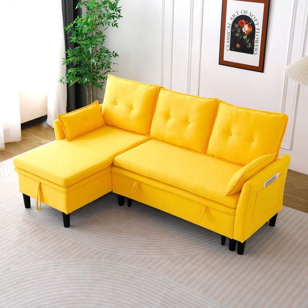 English Elm L-Shaped Reversible Chaise Sectional Sofa with Storage and Fold-Out Bed Cotton-Linen Modern Design Yellow W3371S00027