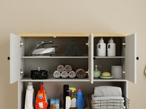 English Elm Over Washer Dryer Laundry Cabinet with Basket Drawer Adjustable Shelves Antique White W1120P338184