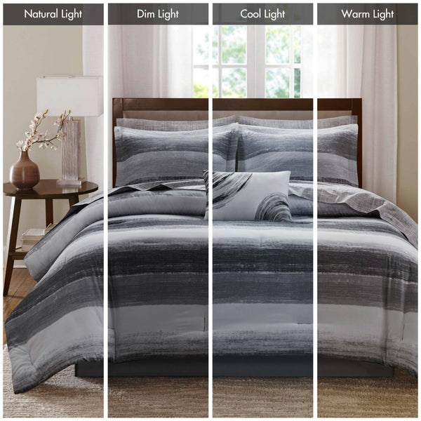 English Elm 9-piece Queen Watercolor Stripe Comforter Set with Cotton Blend Sheets and Bed Skirt B035P408251