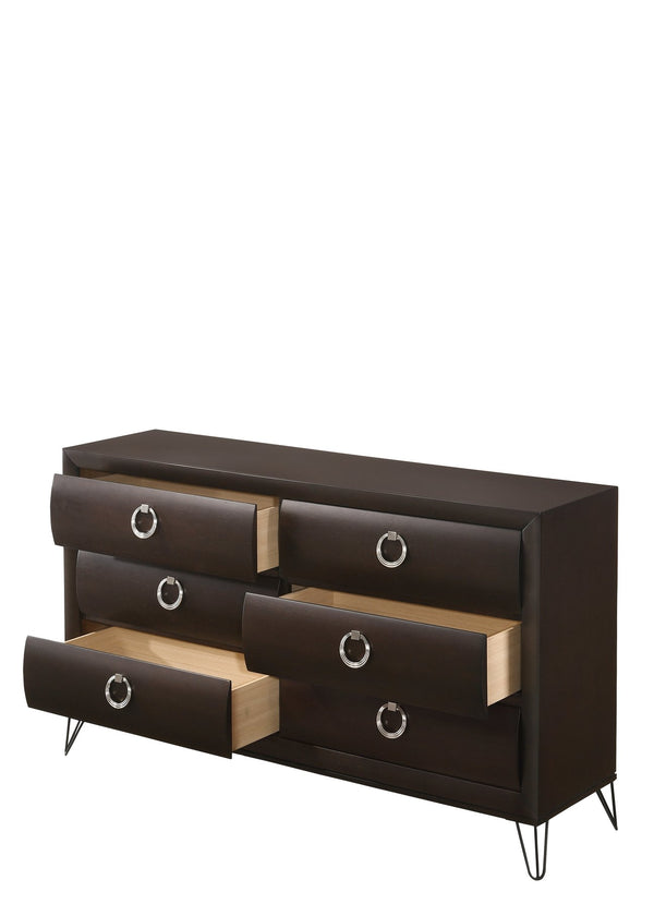 English Elm Tablita Dark Merlot Finish Dresser with 6 Drawers, Dovetail Construction, Felt Lined Top, Modern V Legs B2726P255731