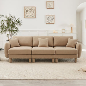 English Elm Boucle 3-Seater Sofa With Sculptural Shell Armrests, Plush Coffee Fabric, And Modern Cylindrical Legs W3041S00284