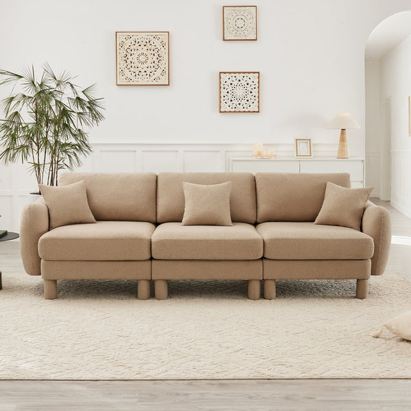 English Elm Boucle 3-Seater Sofa With Sculptural Shell Armrests, Plush Coffee Fabric, And Modern Cylindrical Legs W3041S00284