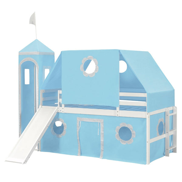 English Elm Twin Castle Loft Bed with Slide Tent Tower and Play Space for Kids Rooms Blue N708P249511C