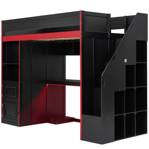 English Elm Gaming Twin Loft Bed with Led Desk Storage Locker and Bold Black Red Finish N709P004102J