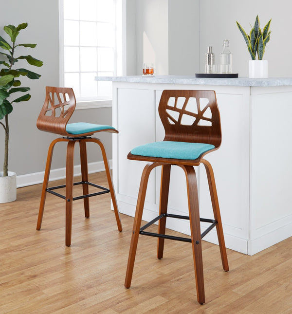 English Elm Fixed-height Swivel Barstools Walnut Legs Teal Upholstery Mid-century Modern Set of 2 B202S02185