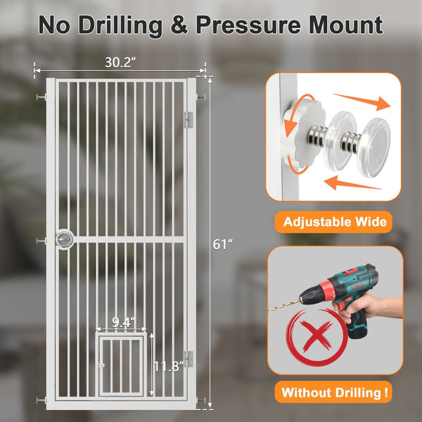 English Elm 61" Extra Tall Pressure Mount Pet Gate with Built-in Cat Door for Doorways T3210P491356