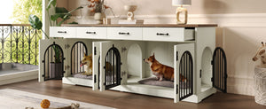 English Elm 70.8" Dual Dog Kennel Console Mdf Cabinet with Arched Iron Doors and Four Drawers N704G201616A