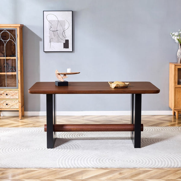 English Elm All-mdf Walnut Top Dining Table Seats Four with Matte Black Base for Small Spaces W3875S00025