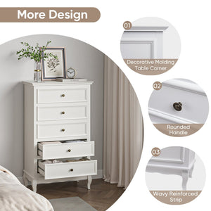 English Elm 5 Drawer Modern Dresser with Tapered Wood Legs Fluted Panels and Painted White Finish B082P232950