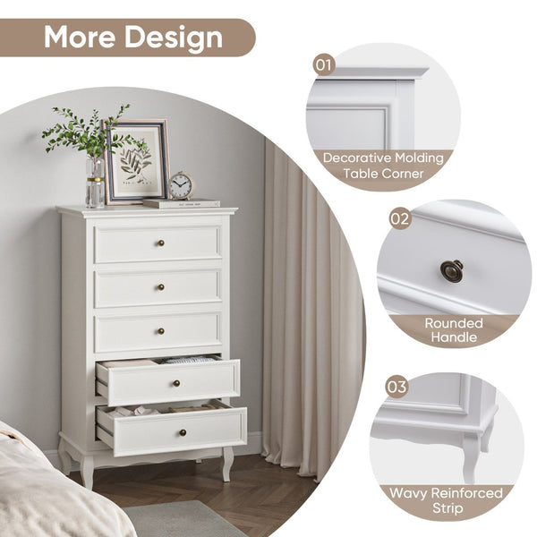 English Elm 5 Drawer Modern Dresser with Tapered Wood Legs Fluted Panels and Painted White Finish B082P232950