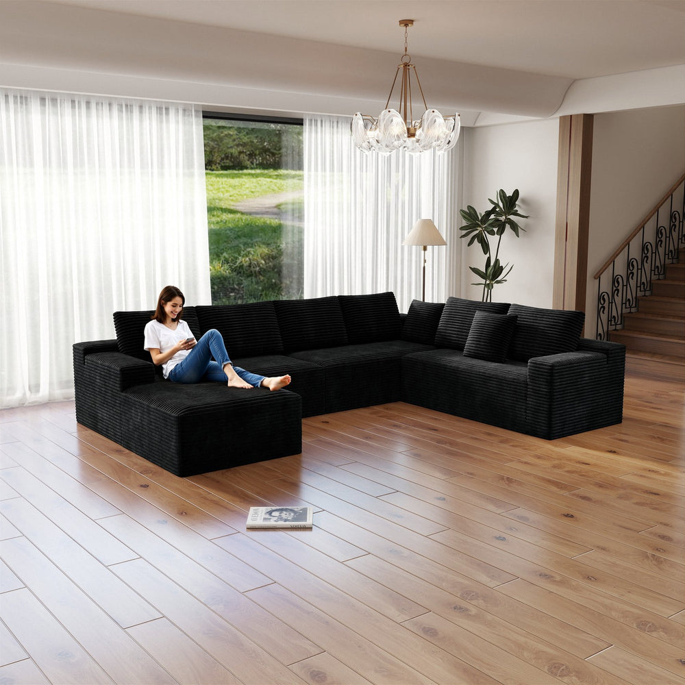 English Elm 131.9*104.3"Modular Sectional Sofa - No Assembly, Plush Corduroy, Versatile 4-Piece Design, Black Comfort W3819S00002