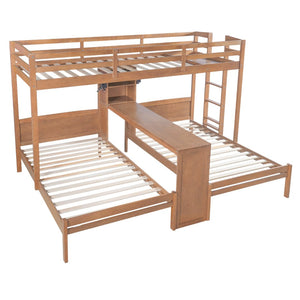 English Elm Twin Triple Bunk Bed with Built in Desk Open Shelving and Led Task Lighting Natural N7090002243N