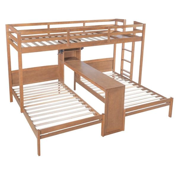 English Elm Twin Triple Bunk Bed with Built in Desk Open Shelving and Led Task Lighting Natural N7090002243N