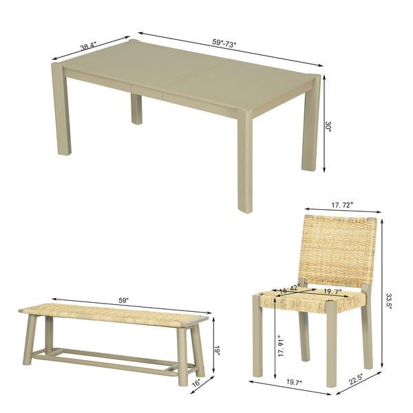 English Elm Modern Farmhouse Extendable Dining Table Set with Handwoven Rattan Chairs, Child‑Safe Rounded Edges, Expandable for 4‑8 Guests Gold TWSET2025-1E