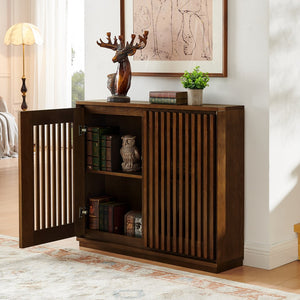English Elm Mid Fluted Hollowed Sideboard Cabinet with Outlet Holes, Mid Century Storage Buffet for Entryway, Dining Walnut Brown W1801P288510