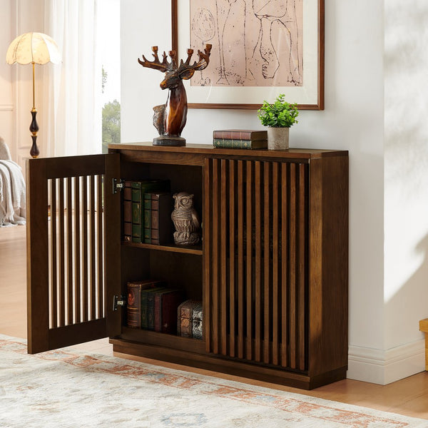 English Elm Mid Fluted Hollowed Sideboard Cabinet with Outlet Holes, Mid Century Storage Buffet for Entryway, Dining Walnut Brown W1801P288510