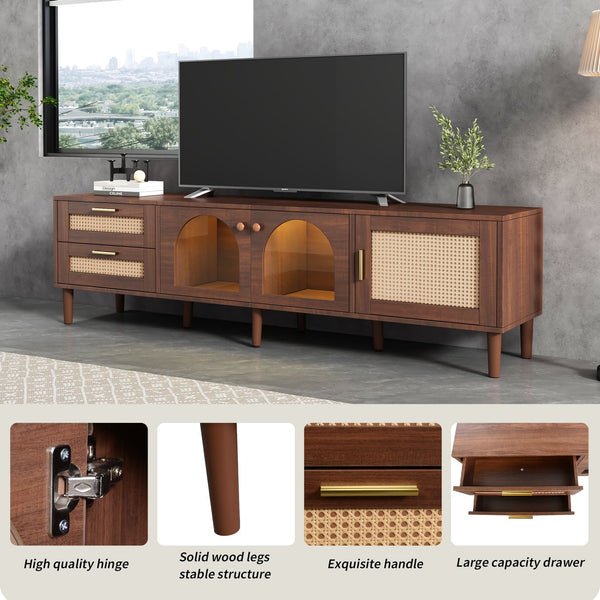 English Elm Rattan Modern TV Stand with 3 Cabinets & 2 Rattan Drawers, LED Light, Cable Management, 80" Capacity, Waterproof MDF Surface WF324225AAP