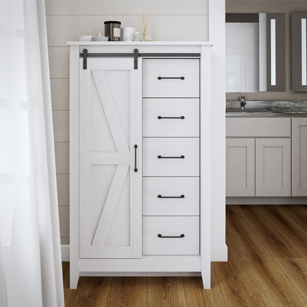 English Elm Alton Farmhouse Chest with Sliding Barn Door Five Drawers and Matte Black Hardware Oak B2733S00019
