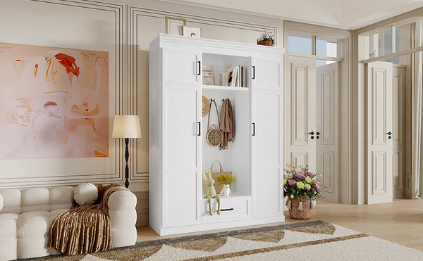 English Elm VIBE Multifunctional Hall Tree with Bench, 4-Door Storage, 1 Drawer, Hooks & Adjustable Shelves for Entryway White SJ000140AAK