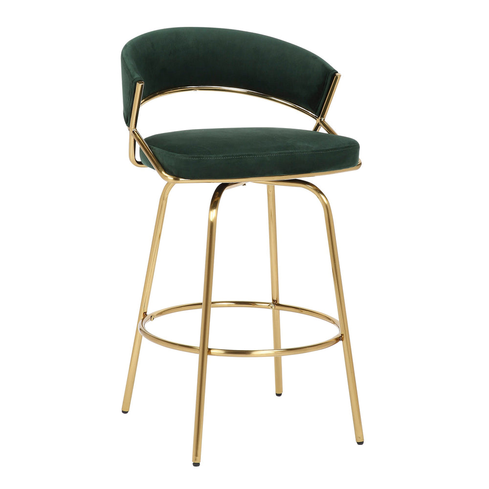 English Elm Jie Glam Gold Metal Counter Stool Set of 2 with Green Velvet Upholstery, 360° Swivel, 250 lb Capacity B202S00333