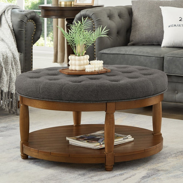 English Elm Large Tufted Linen Round Ottoman with Wood Shelf Neutral Footrest for Living Rooms W2186P400510