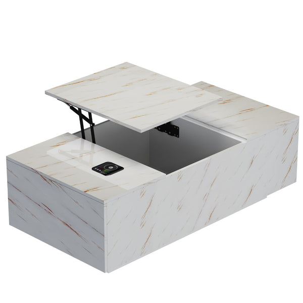 English Elm Coffee Table with Led Lighting Bluetooth Speaker Wireless Charging and Faux Marble Top T3773P415729