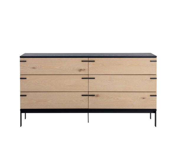 Sunpan ROSSO Dresser – Modern Industrial Black Wood Frame with Rustic Oak Drawers & Matte Iron Legs 108791