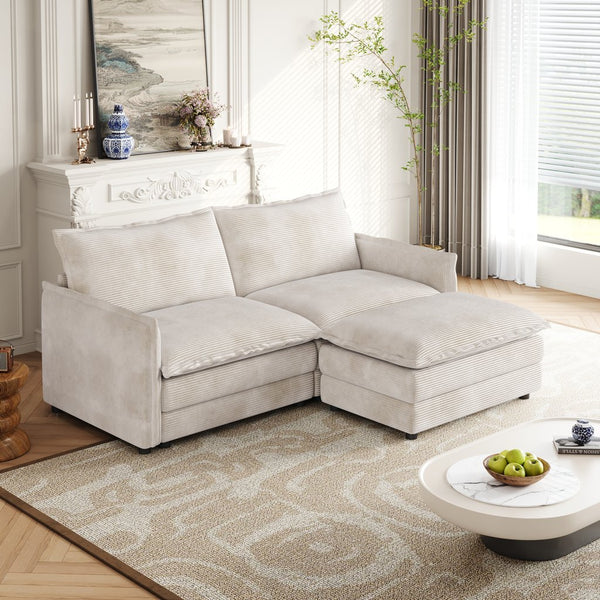 English Elm Corduroy 2-Seater L-Shaped Sectional Sofa With Ottoman & Cushions - Cozy Beige Living Room Comfort W834S00415