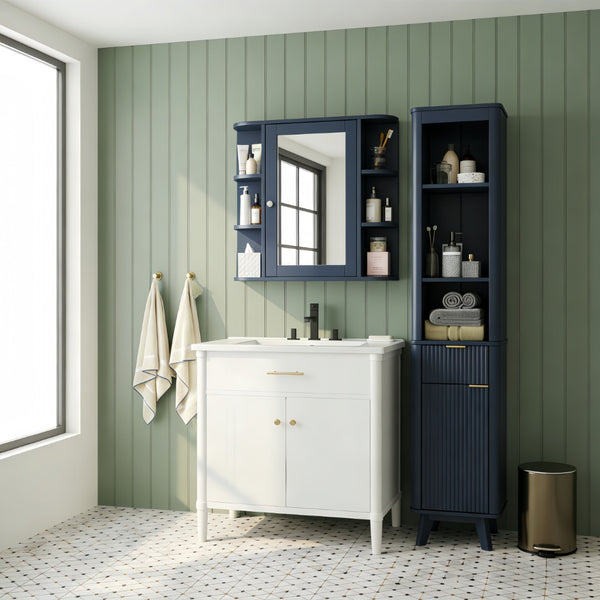 English Elm Bathroom Wall Cabinet with Mirror Door Open Shelving and Adjustable Interior Storage Blue N817P375228B